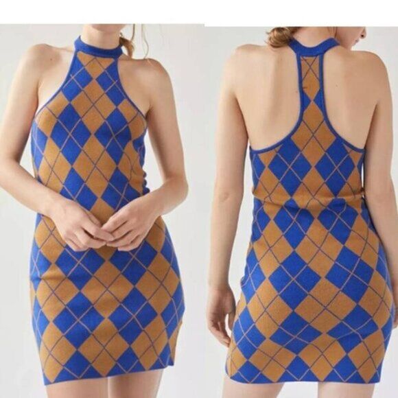 UO Women's Sweater‎ Halter Bodycon Mini Dress Printed Knit Stretch Blue Medium - Picture 1 of 5